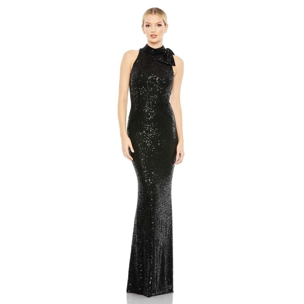 Mac Duggal 11280 NWT SEQUINED SOFT TIE HALTER NECK COLUMN GOWN